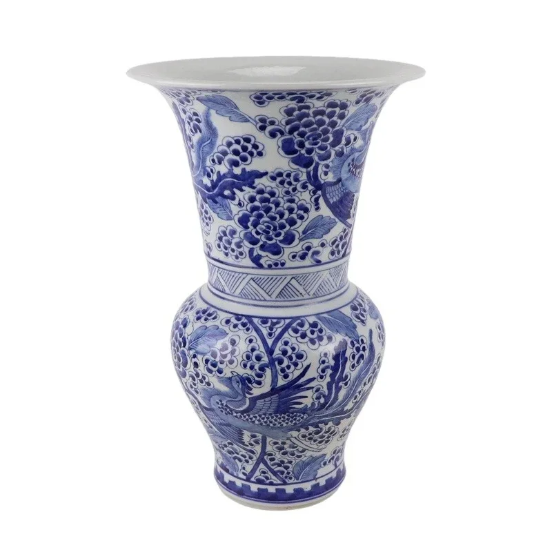 RYLU195 Large Blue and White Porcelain Vase Chinoiserie Phoenix Peony Flower Vase 14.4