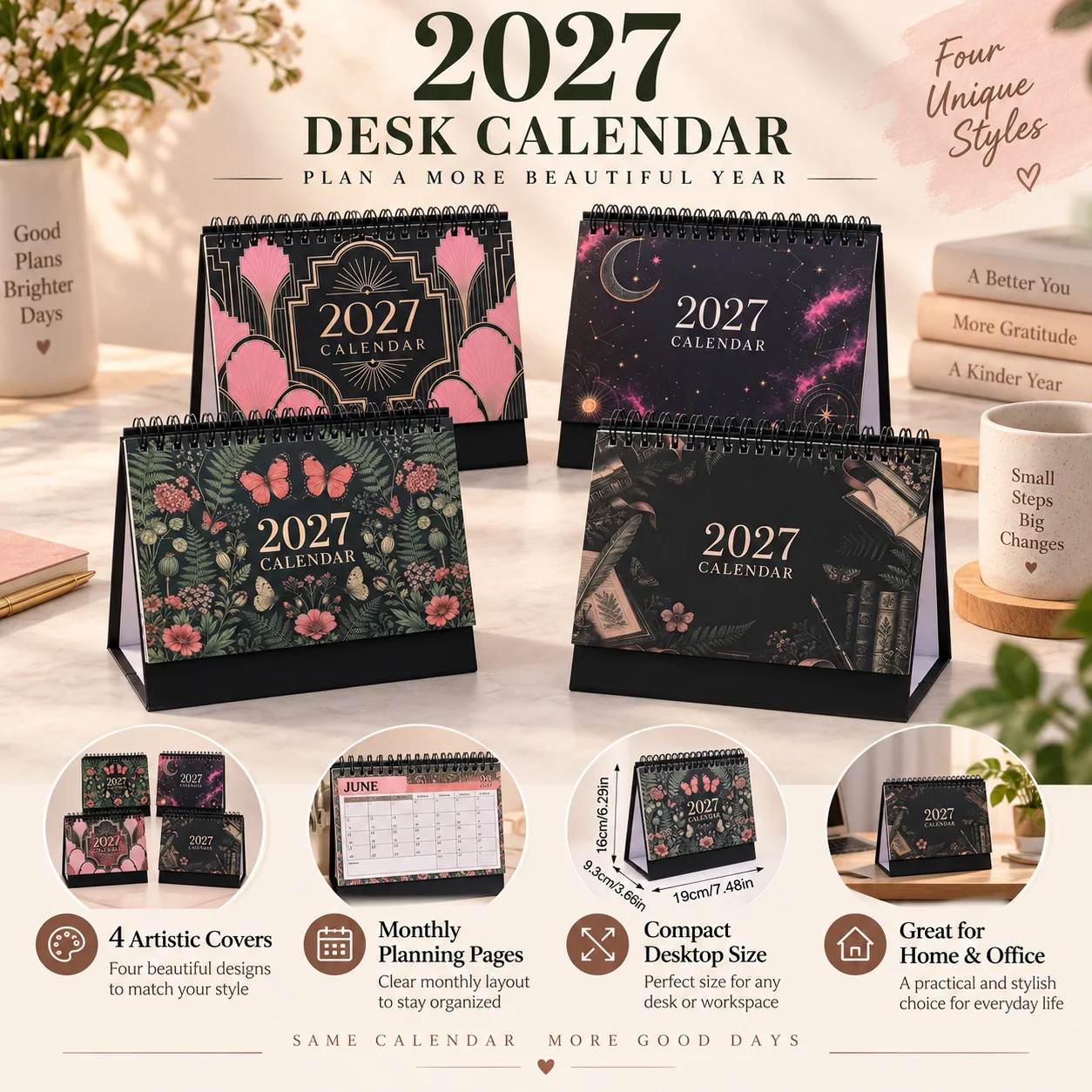 Calendario de escritorio 2027, planificador mensual en espiral, calendario decorativo para la mesa, ideal para la oficina, el hogar o el espacio de trabajo, para organizar la agenda.