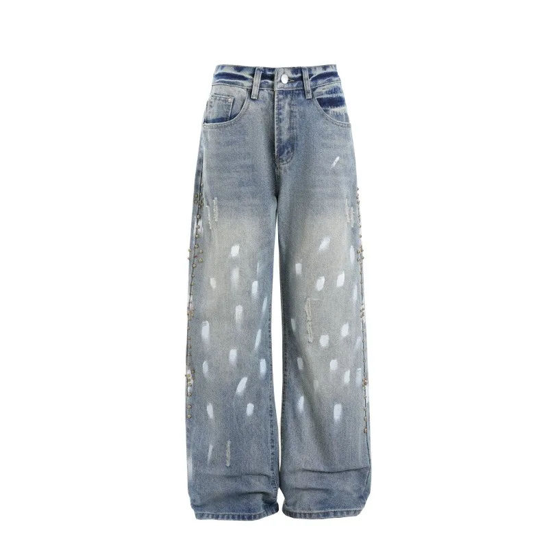 Men American Retro Curved Cut Wide Leg Jeans High Street Drape Floor Length Loose Straight Denim Trousers Casual Streetwear