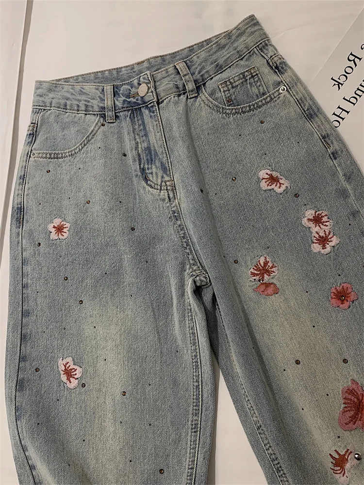 

Light Blue Women's Casual Denim Pants Summer High Waist Chic Floral Design Wide Leg Straight Trousers Korean Style Loose Jeans