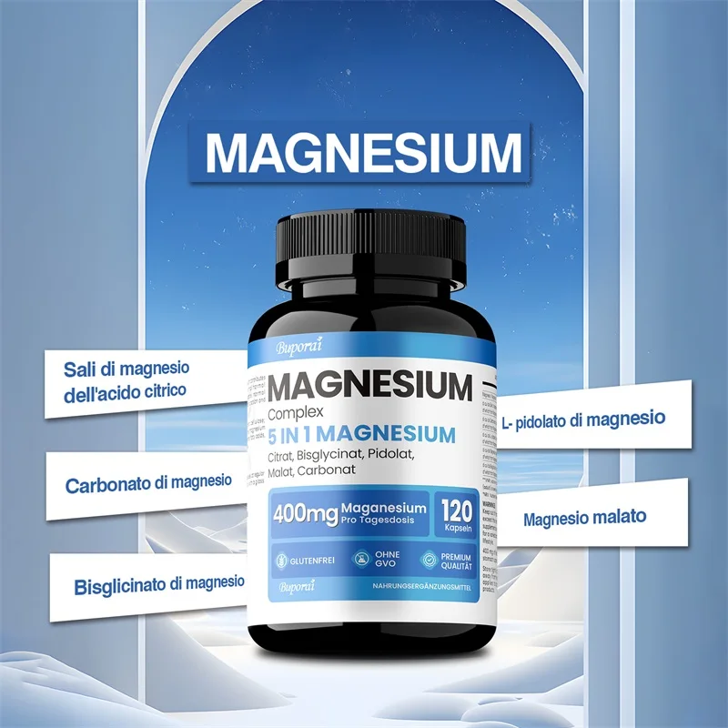 مجمع المغنيسيوم - مكمل المغنيسيوم 5 في 1 لتخفيف التوتر وتعزيز العضلات وتحسين صحة القلب