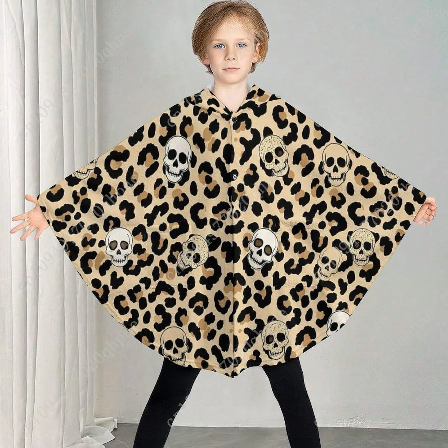 سترة بطانية مريحة من الفلانيل، هوديي كبير الحجم على شكل جماجم الفهد مع جيوب للأطفال والمراهقين #2