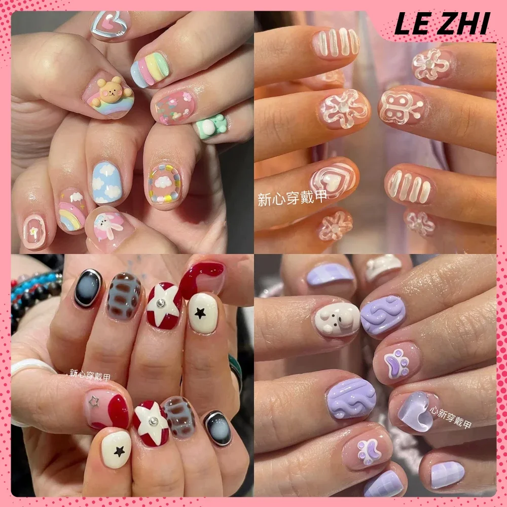 Kawaii Maiden Heart Handmade Fake Nails 3D Stereo Animal Image Design Detachable Reusable Full Cover Wedding Party Nail Stickers