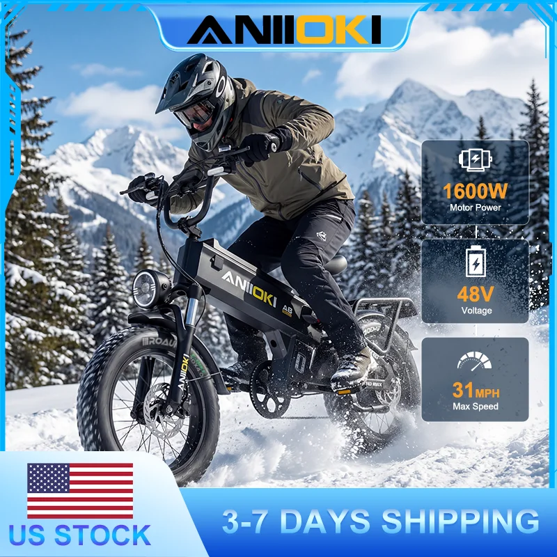 

Электровелосипед ANIIOKI 2026 года, пиковая мощность двигателя 1600 Вт, аккумулятор 48В 60Ач, скорость до 31 миль/ч, толстые шины 20"*4", модель A8 Pro Max