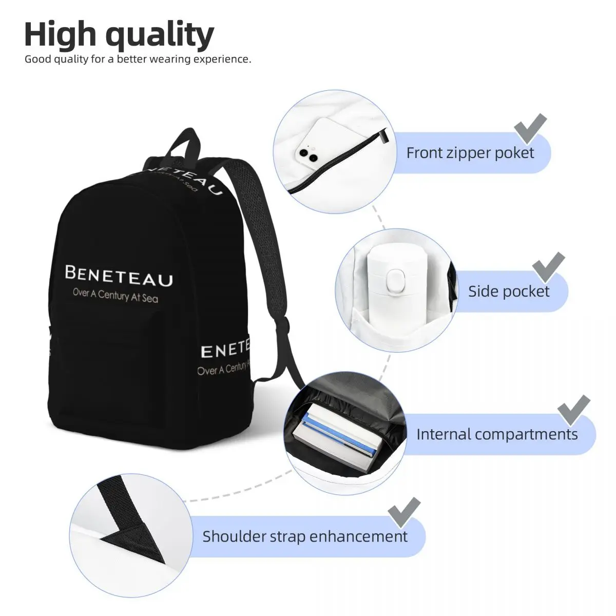 Beneteau Sailboat Sailing Yacht POCKET SIDE Student Backpack School Bag Hiking Travel Daypack forBookbag Shoulder Bags