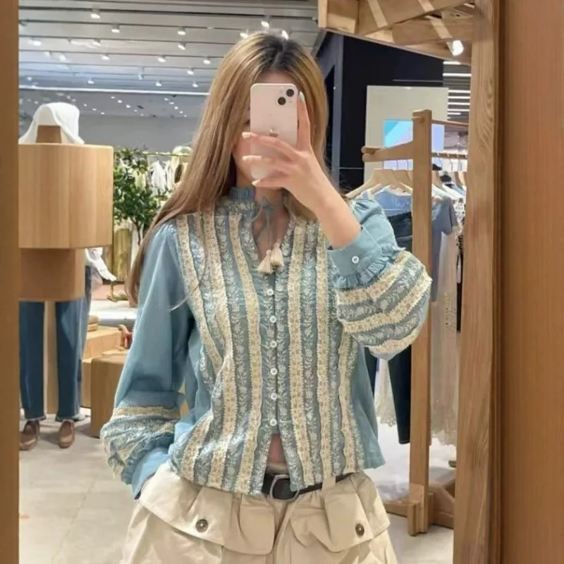 Vintage Women Cutwork Embroidery Cropped Top Ruffle Frill High Neck Tassel Tie Lantern Long Sleeve Button Front Bohemian Blouse