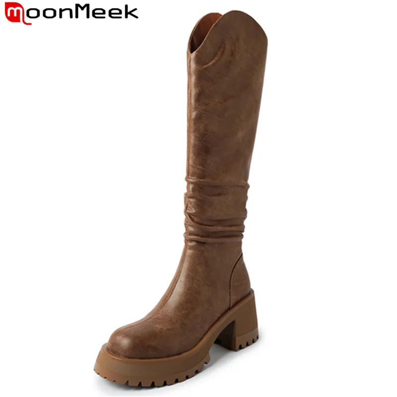 

MoonMeek 2024 New Genuine Leather Zipper Platform Boots Top Sale Ladies Pleated Knee High Boots Square High Heels Autumn Shoes