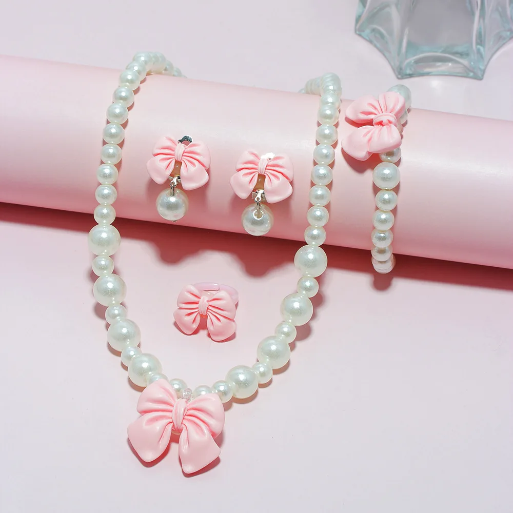 

Набор детских украшений для принцесс из 5 предметов: жемчужное ожерелье, кольцо с бантом, браслет. Милый декор для девочек на вечеринку, праздник, день рождения.