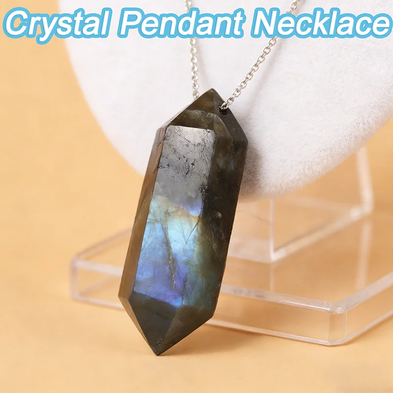 

Natural Labradorite Pendant Necklace Crystal Double-Pointed Necklace Minimalist Trendy Necklaces Stainless Steel Chain Unisex