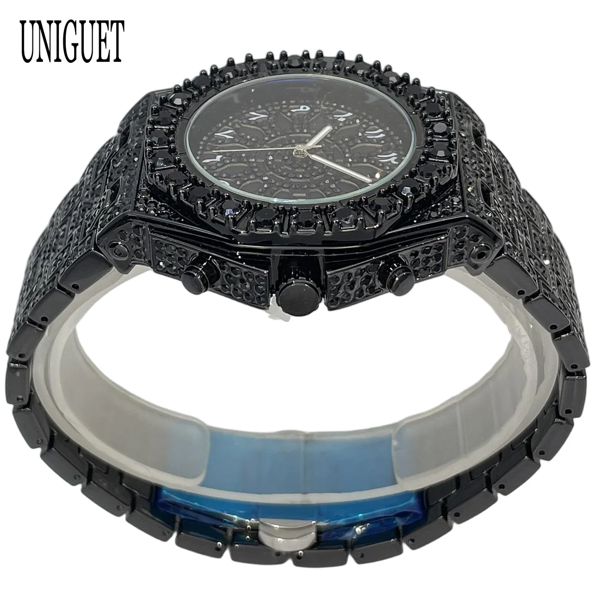 UNIGUET Cool Black Diamond Watch for Men Luxury Hip Hop Full Ice Out Bling Wristwatch with Date Reloj Hombre 2026 Hot Salec view 5