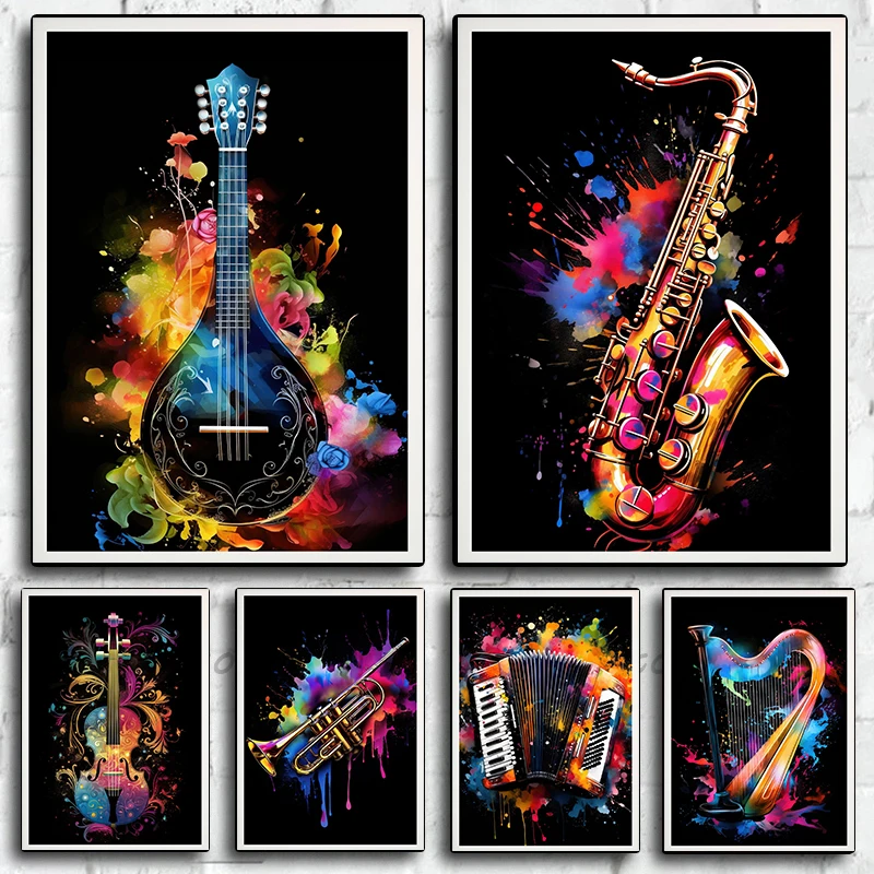 

Musical Instruments Violin Harp Saxophone Ukulele Poster Print Wall Art Pictures Canvas Painting Living Room Bedroom Home Decor
