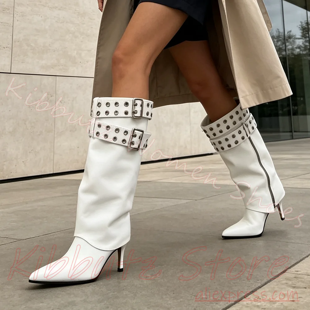 Knee High Boots Fold Over Cuff Double Eyelet Buckle Straps Slouchy Leather Women Pointed Toe Stiletto Heel Punk Cowgirl Sexy New