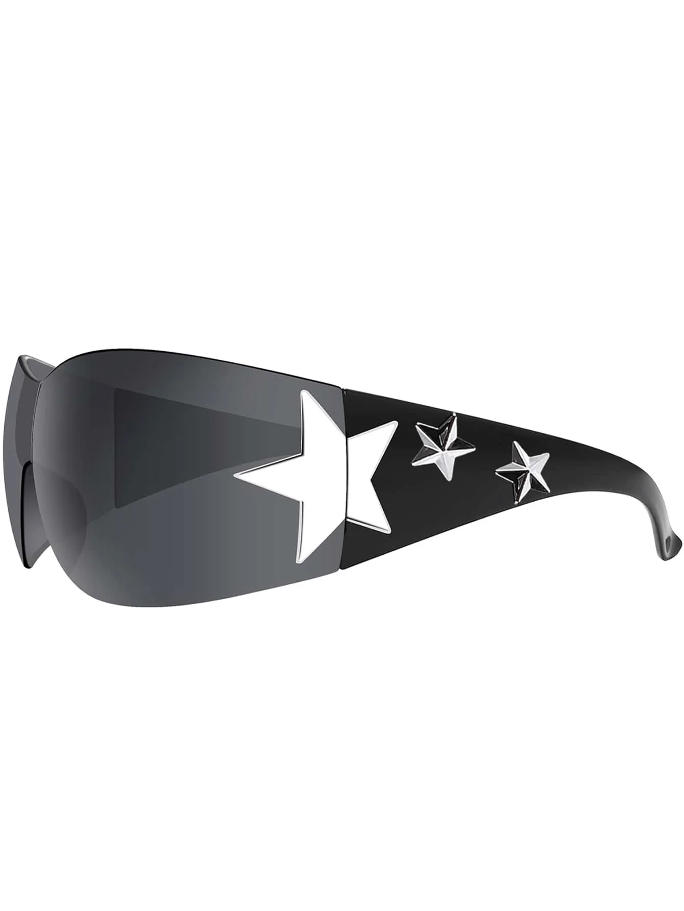 Fashion Star Decor Full Wrap Around Black Sunglasses Trendy Street Style Eyewear Stylish Sun Shades for Women Summer Beach Vacation Outdoor Travel Daily Outing