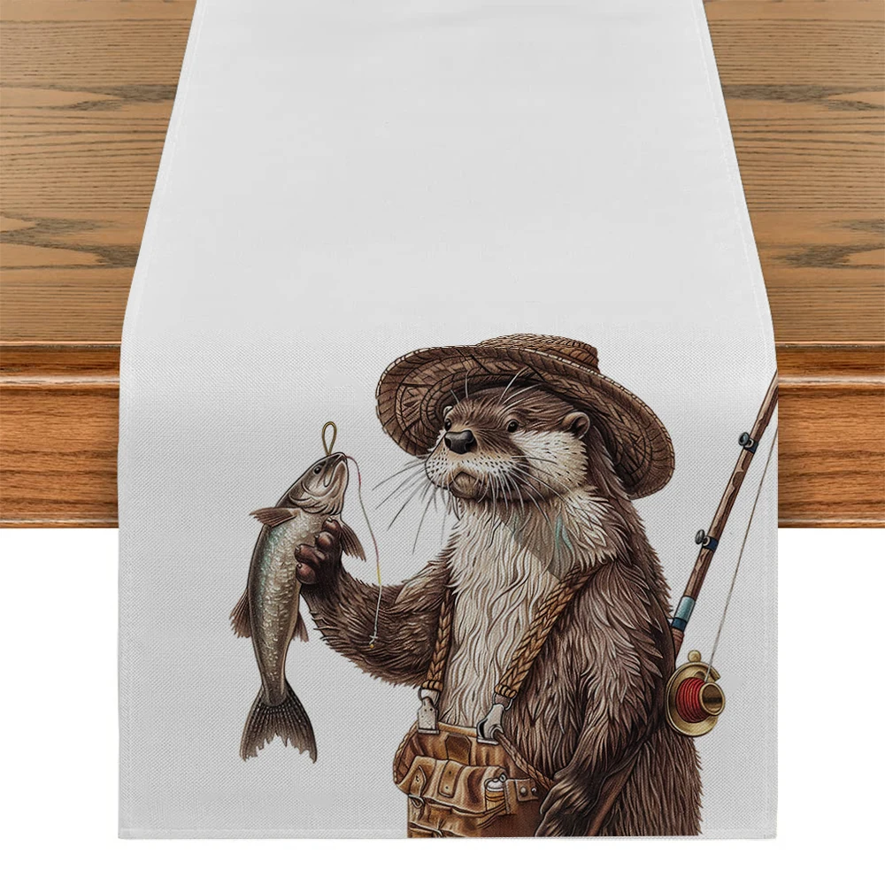 Otter Fishing Gear Fish Table Runner Polyester Table Runners for Dining Room Cottagecore Polyester Table