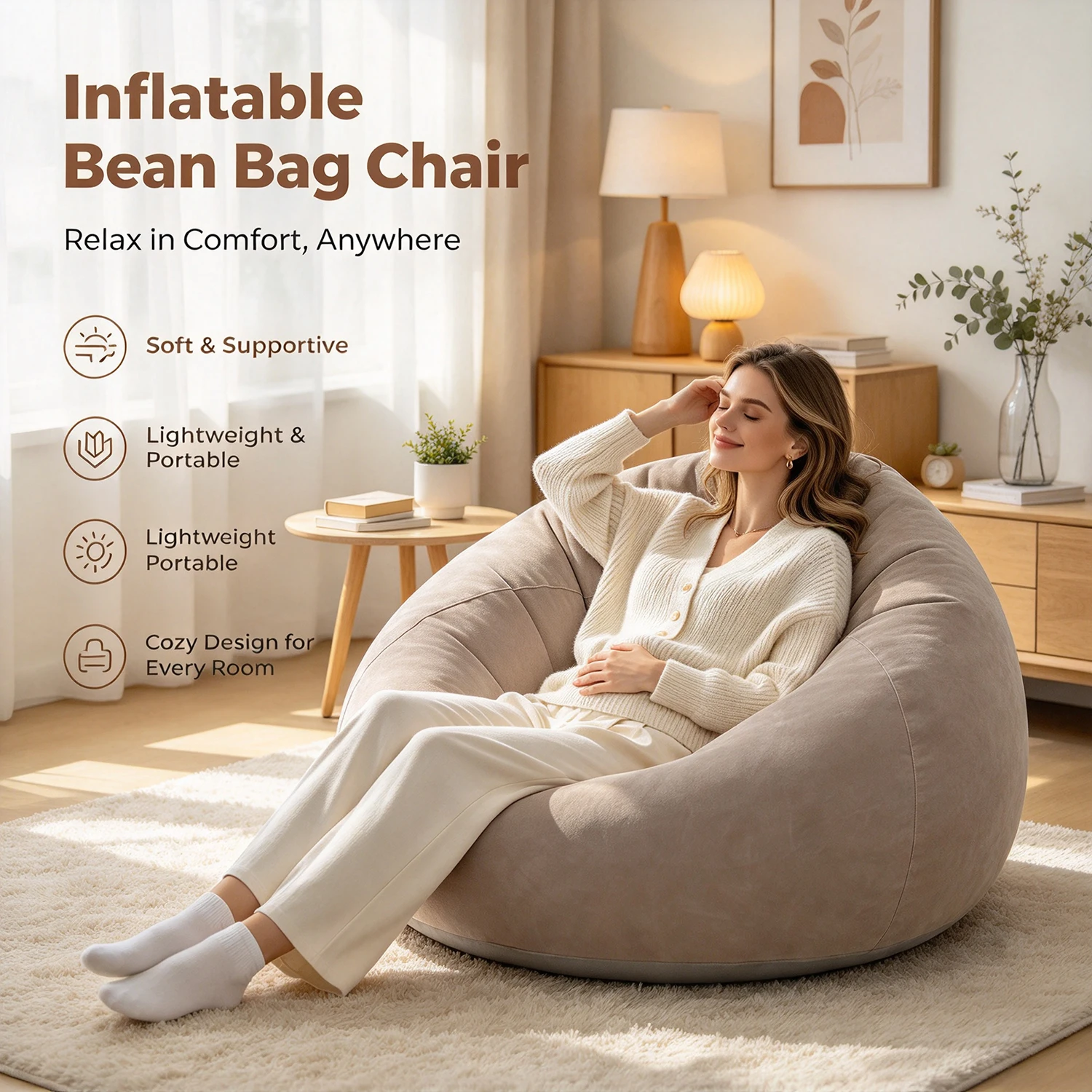 Inflatable Bean Bag Chair & Foot Pump,Foldable Portable Lazy Sofa for Adults Kids,Outdoor Movie Seating,Reading,Bedroom,Camping
