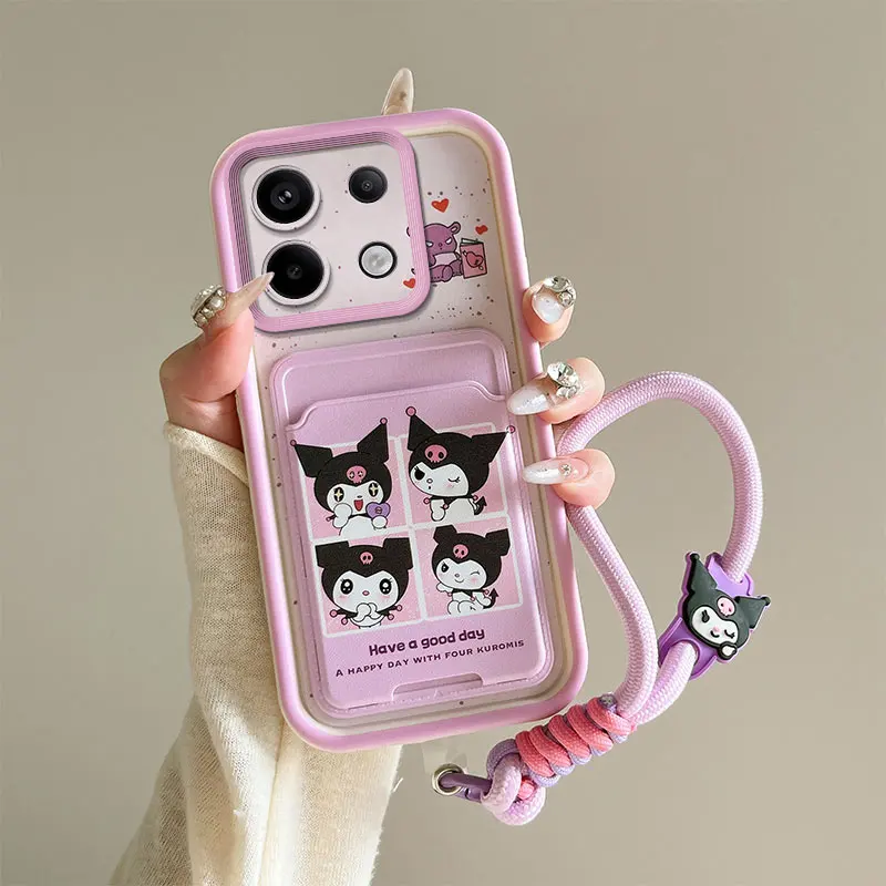 Cartoon Kuromi Card Slot Bag Phone Case for Xiaomi Redmi Note 13 Pro 12 11S 10 10T 10S 9A 9AT 9T A3x Cute Dog Strap Wallet Cover