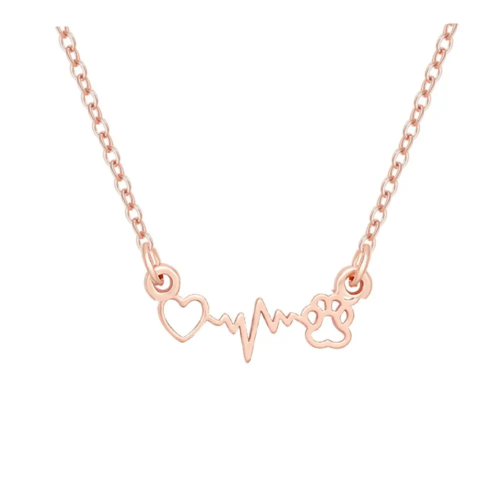 

Heart Dog Paw Print With Heartbeat ECG Pendant Necklace (rose gold)