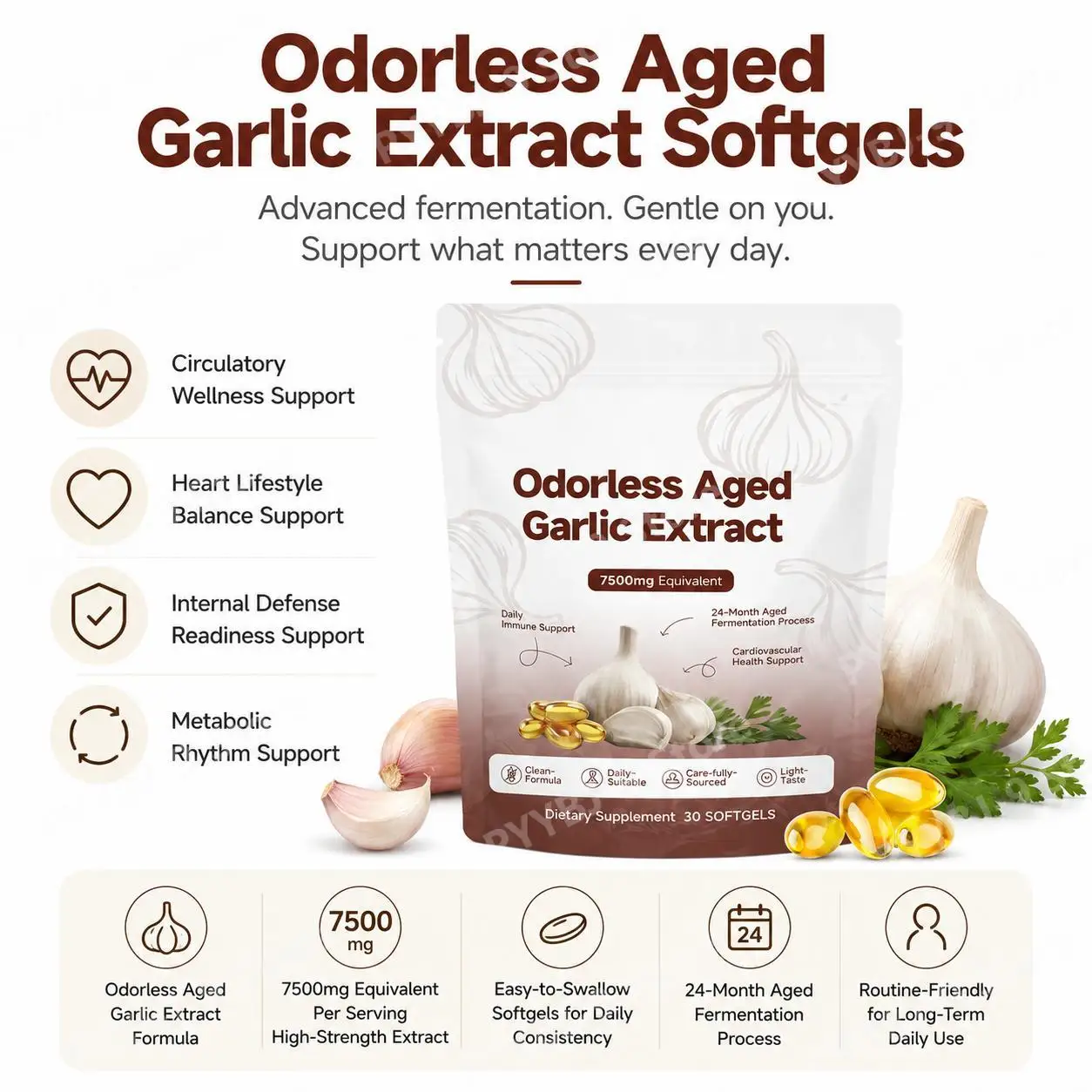 Odorless Aged Garlic Extract Softgels with Odor-Free Formula, High-Strength Extract, Daily Circulatory Support, 30 Softgels
