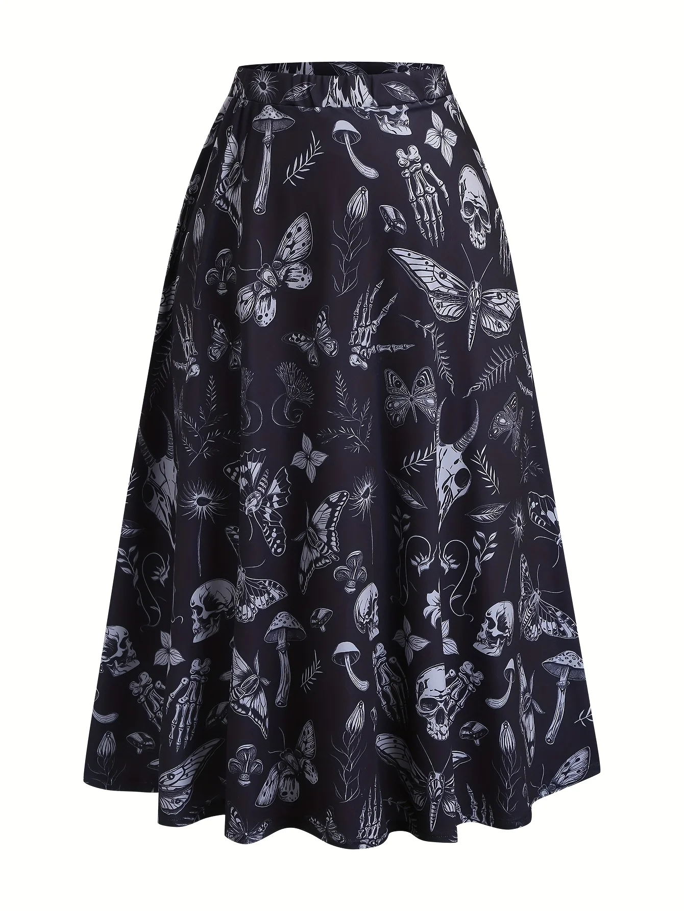 Gothic Dark Horror Halloween Crow Skull Moth Plant Print Black Printed Women's Skirt