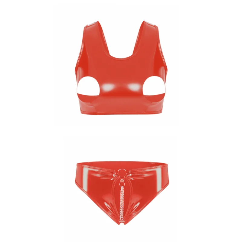 

Women 2-Piece Open Out Bra Set Hallow Out Sexy Leather Lingerie Set Wireless Cupless Erotic Intimate Sensual Gothic Underwear