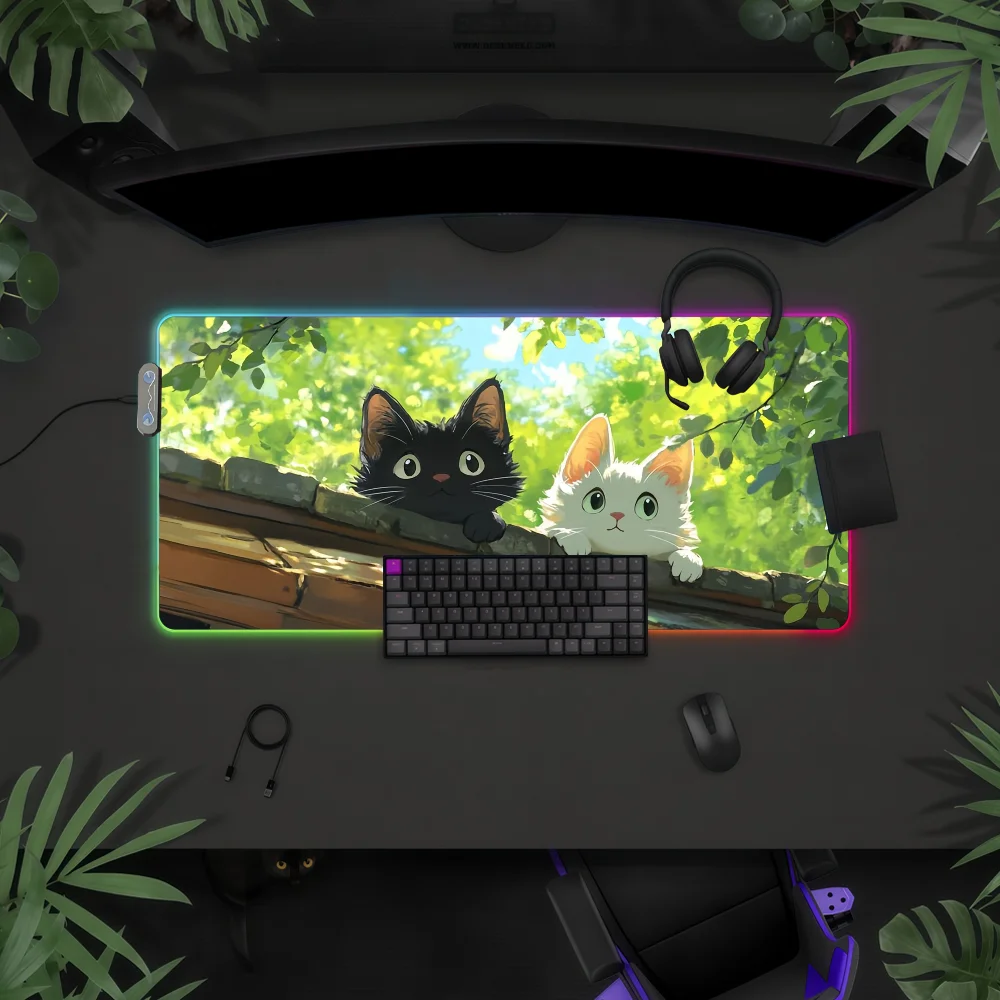 

Коврик для мыши с мультяшным милым котом и растением, RGB LED подсветка, красочный игровой коврик для клавиатуры, нескользящий, водонепроницаемый, для стола