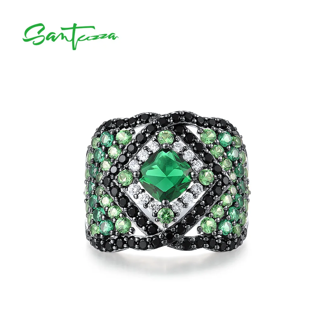 SANTUZZA 925 Sterling Silver Solitaire Ring For Women Sparkling Green And Black Spinel White CZ Charming Fine Fashion Jewelry