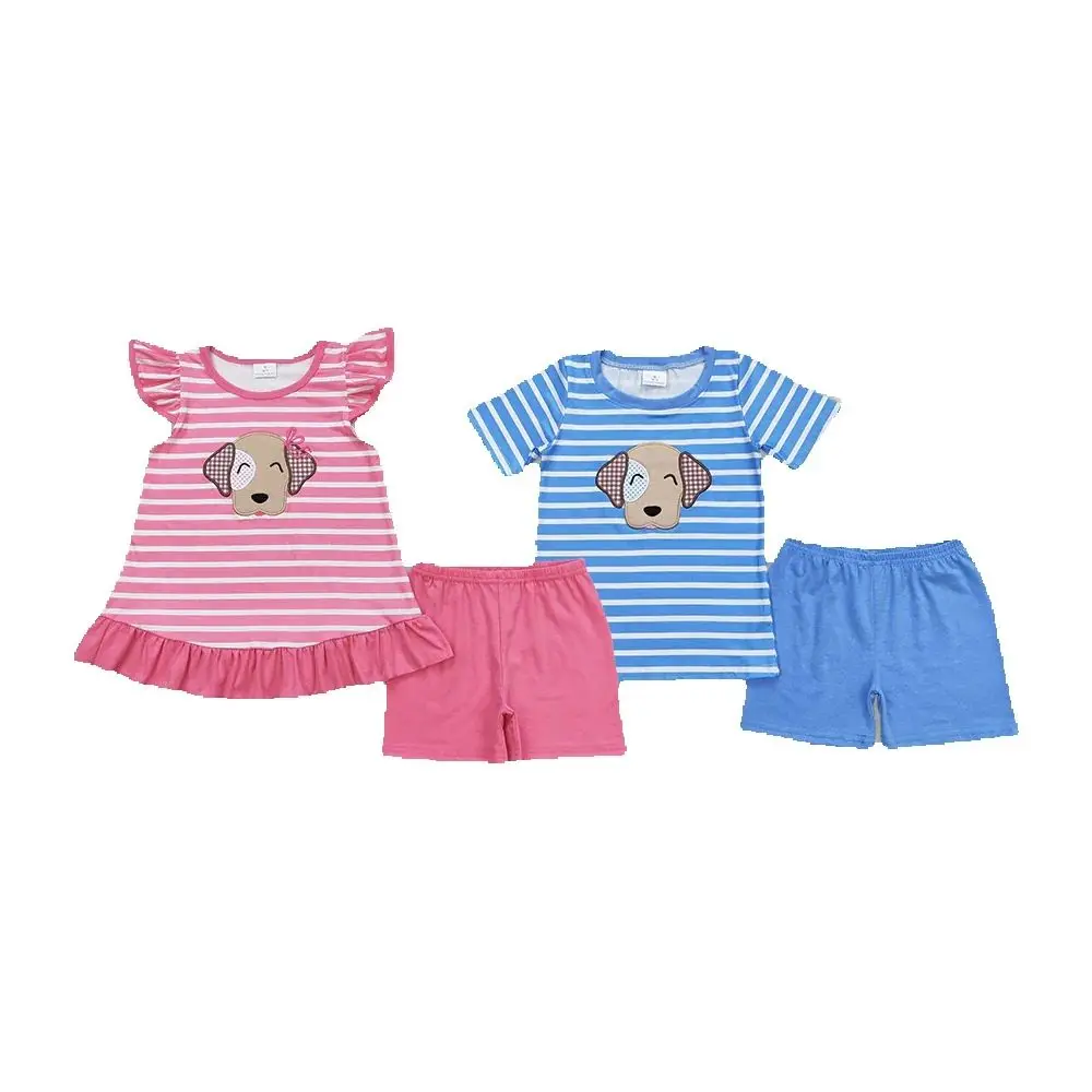 

Sibling Boys Baby Girls Stripes Dog Summer Clothes Sets