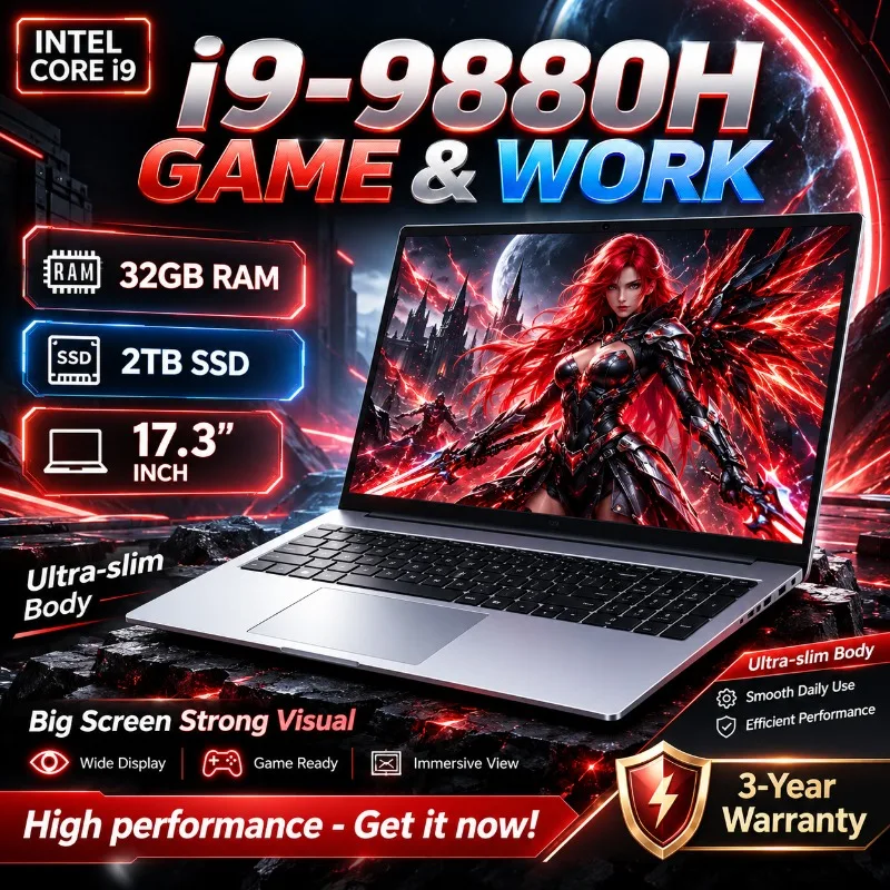 Intel Core i9 9880H 17.3 Inch Large Screen Notebook PC 32GB RAM 1/2TB SSD Fingerprint Recognition Office High‑Performance Laptop