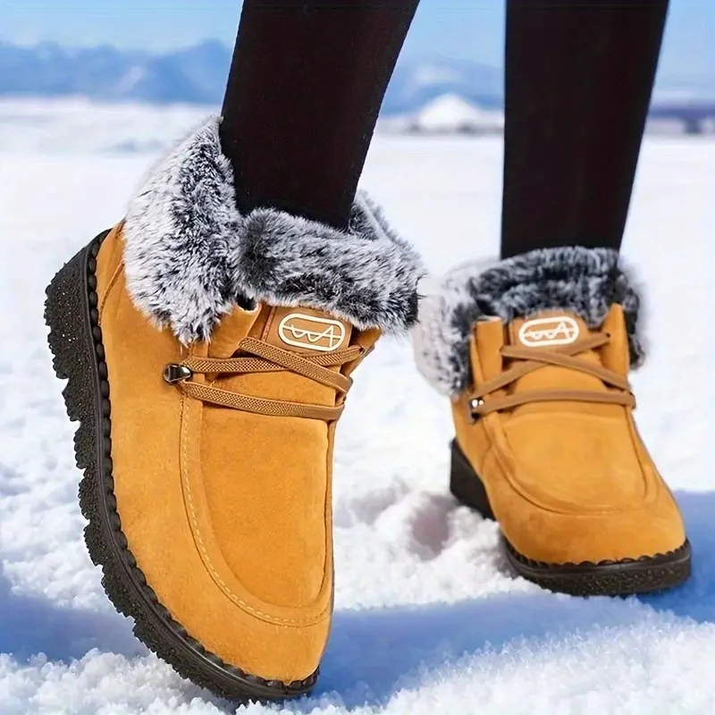 Women Winter Suede Snow Boots Warm Thick Furry Lined Ankle Booties Lace Up Non Slip Lug Sole Waterproof Thermal Shoes for Outdoor Snowfield Walking Cold Weather Daily Casual Wear Black Yellow Navy Three Classic Colors Ladies Warm Winter Outdoor Footwear
