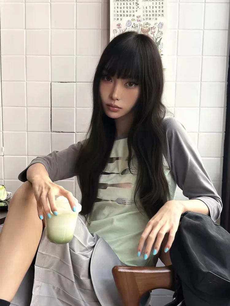 Autumn Women Korean Streetwear Daily Y2K Going‑Out Contrast Color Cutlery Print Raglan 3/4 Sleeve Long Sleeve T‑Shirt