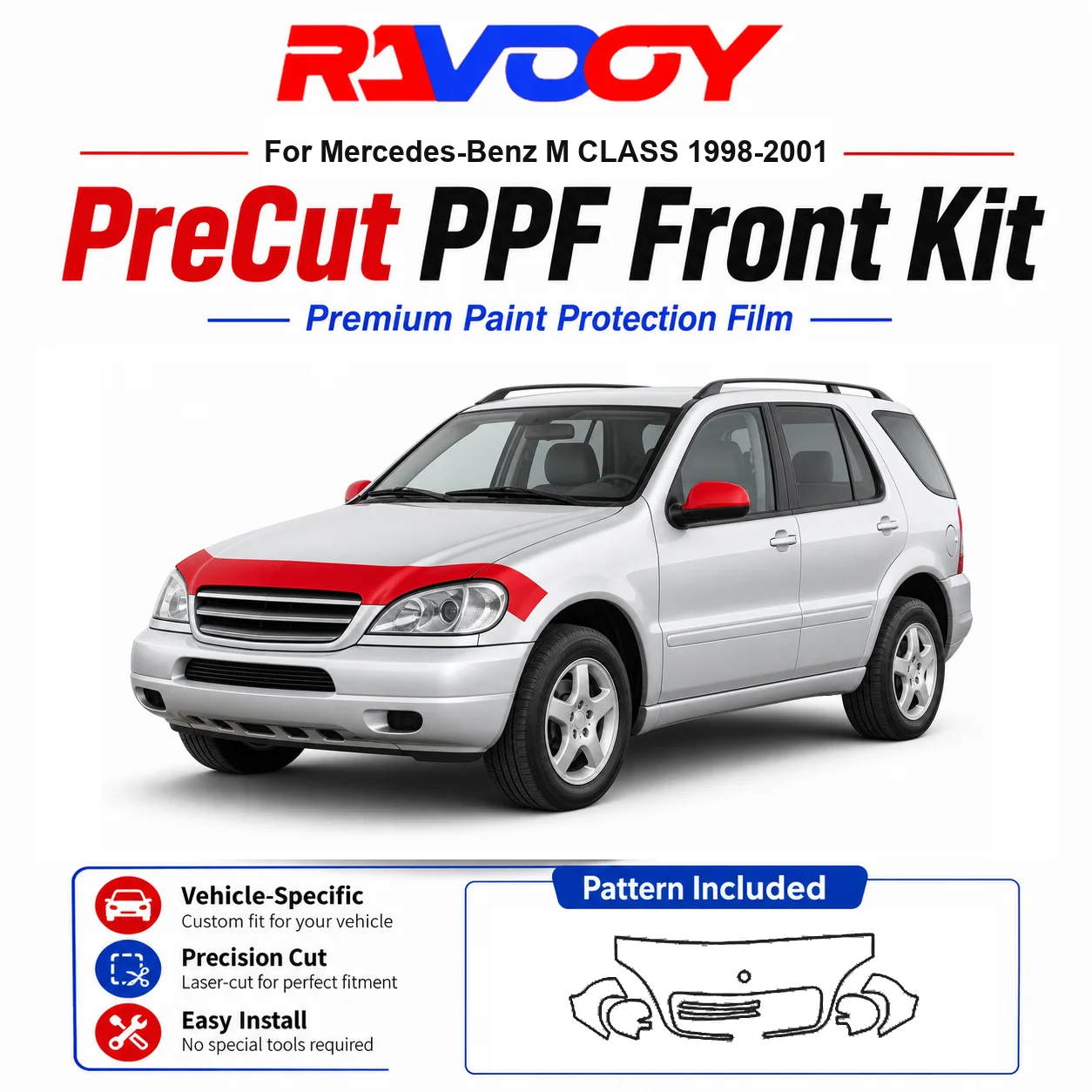

8.5mil TPU Precut PPF Kit For Mercedes-Benz M CLASS 1998-2001 - Hood, Fenders & Mirror Set - Self-Healing Clear Bra Film