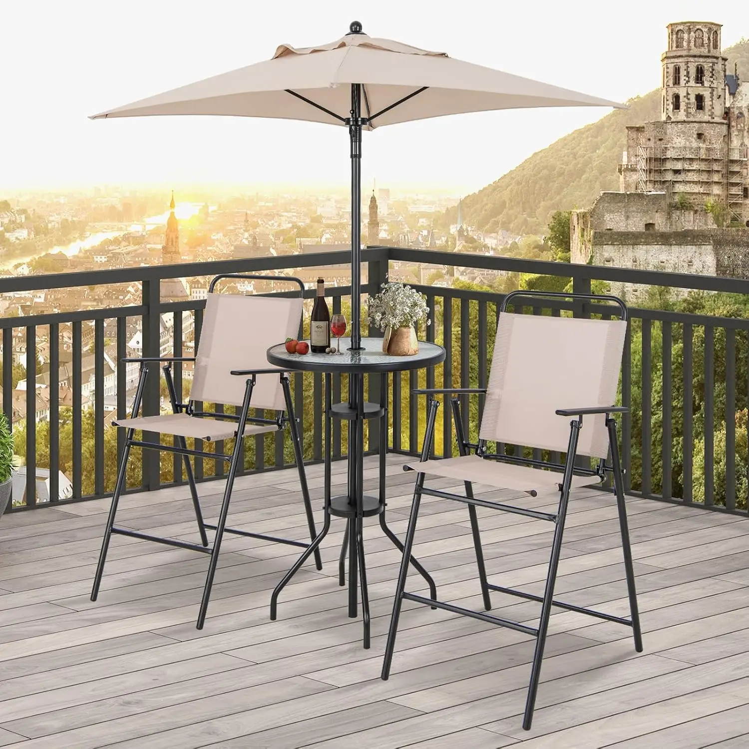4-Piece Outdoor Bar Set, Round High Top Bar Table with 2 Folding Counter Height Chairs & Umbrella, Patio Bistro, Customized