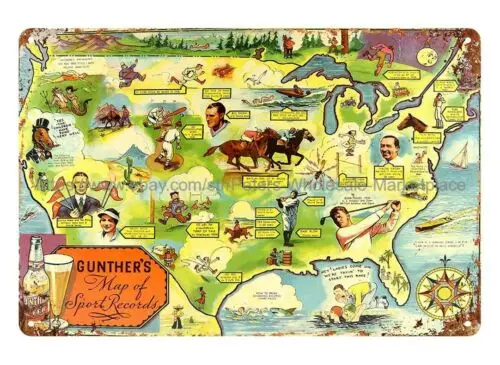 decor stores plaque 1930's Gunther's Beer Map of Sport Records metal tin sign