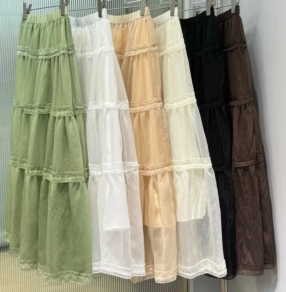 

2026 Summer Fashion Skirts High Quality Organza Women Elastic Waist Ruffle Floral Casual Long Maxi Green White Brown Skirts