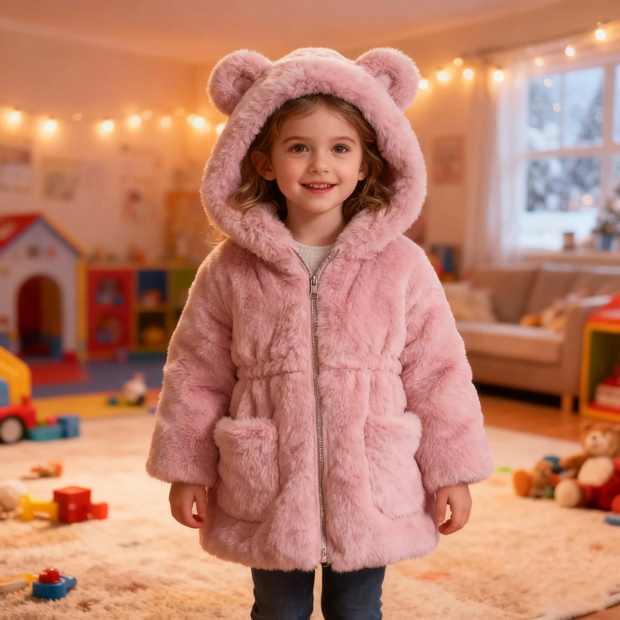 

Winter Girl's Coat Furry New Hooded Bear Solid Color Long-sleeved Coat pink white Thick Warm Long Sleeve Girls Fashion Outwear o