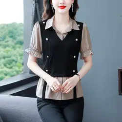 Blusa feminina manga curta com gola polo, duas peças falsas, camisa casual emendada, roupa feminina que combina com tudo, moda coreana, verão, nova