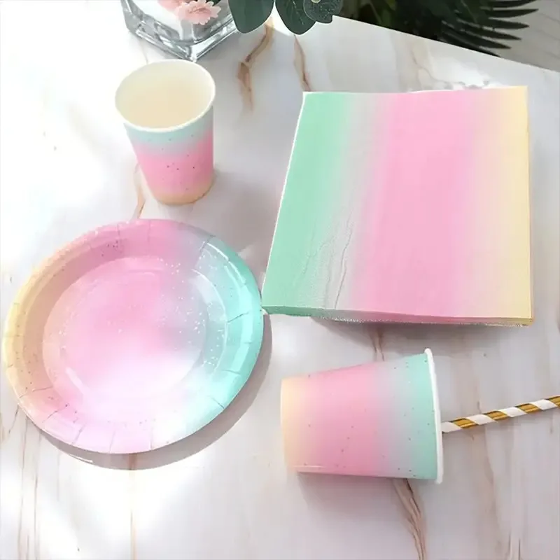 Regenbogen-Geschirrset für Geburtstagsparty-Dekorationen, Regenbogen-Geschirr, Pappteller, Tassen, Servietten, Tischdecke, Abendessen, Einwegartikel