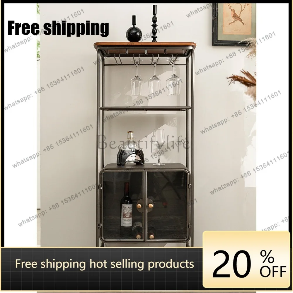 LD American retro wine cabinet living room against the wall glass door hanging upside down simple wrought iron wine rack