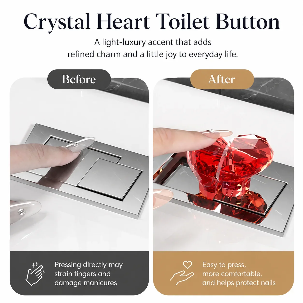 Crystal Heart Toilet Flush Button Helper Long Nails Saver Toilet Tank Push Button Assistant Cabinet Drawer Knob