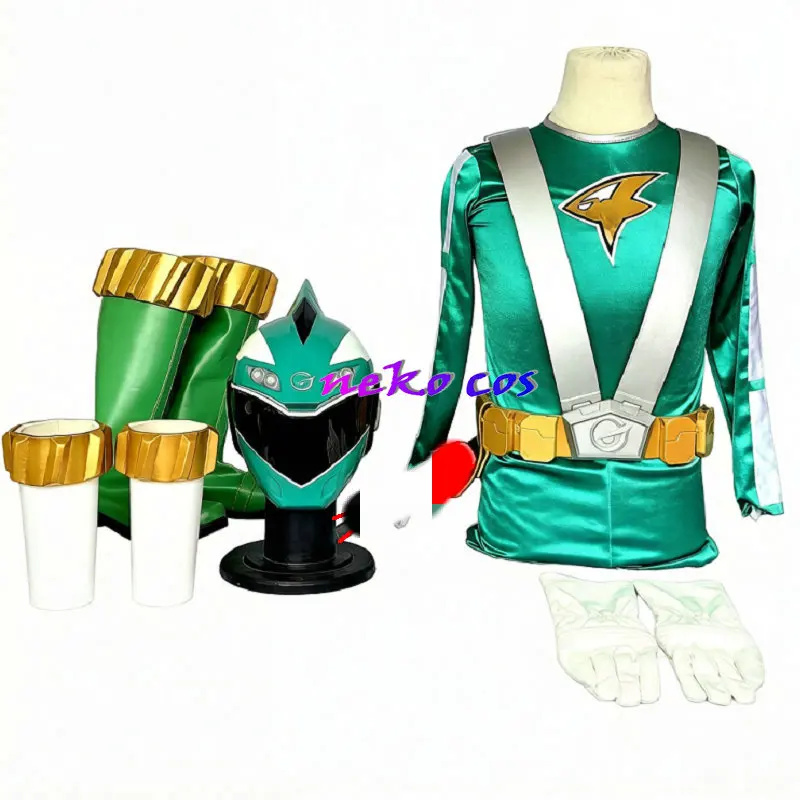 Disfraz de Cosplay de Nekocos Engine Sentai Go-onger Go-On Green, conjunto completo con traje ajustado, casco, máscara, cinturón, zapatos y cubre brazos