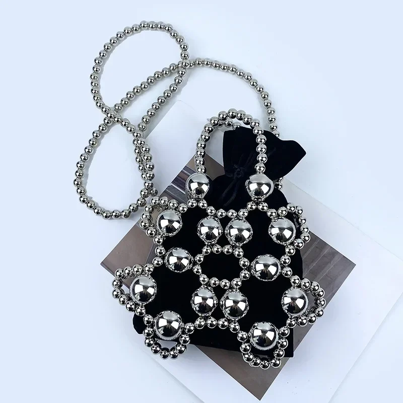 

New Niche Design Dark Black Handmade Acrylic Beaded Bag Women's Evening Party Hollow Out Drawstring Clutches Mini Crossbody Bag