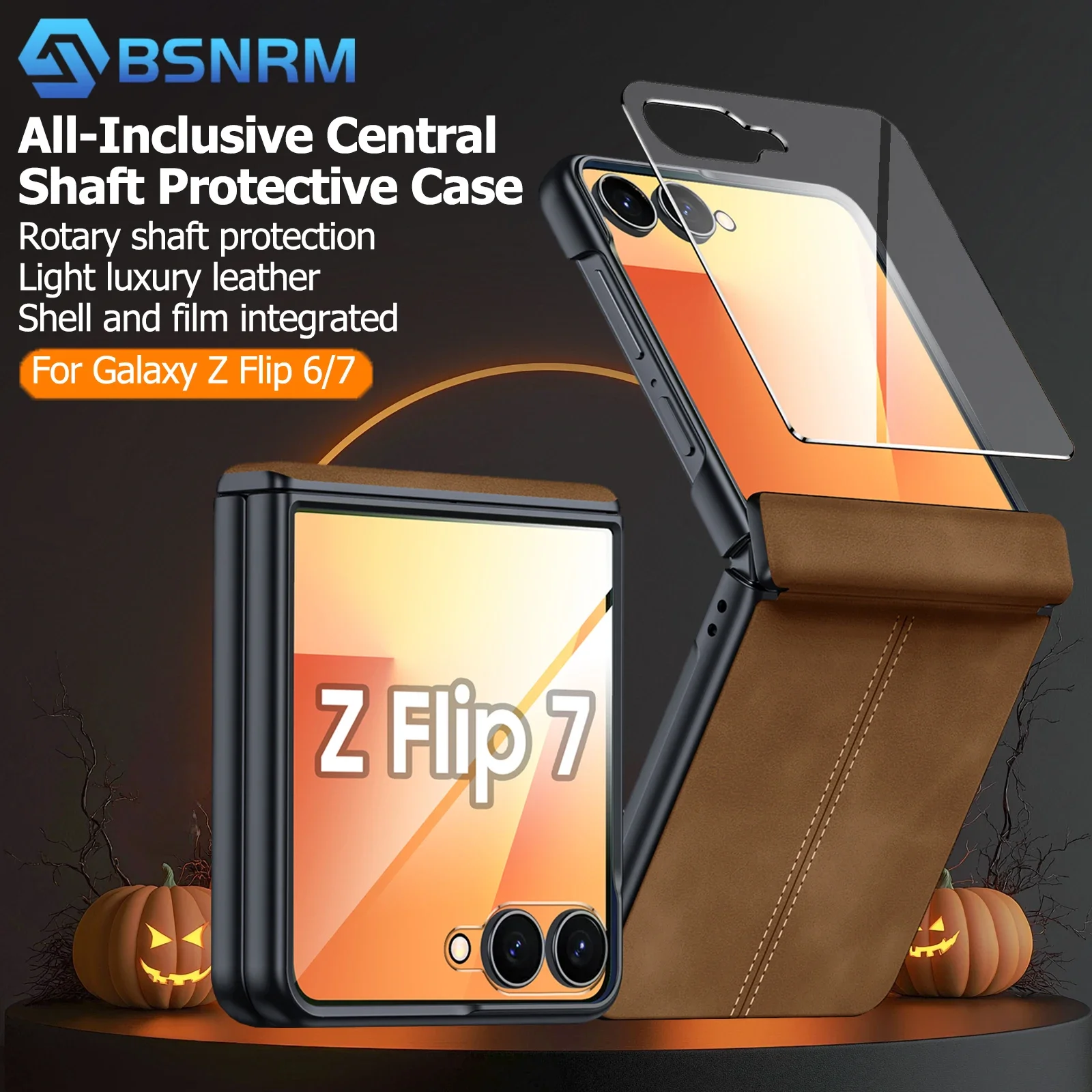 

Halloween Gifts,Screen Protector,Hinge Protection,Ultra Thin PU Leather Matte PC Phone Case for Galaxy Z Flip 6/7/7FE Case-Brown