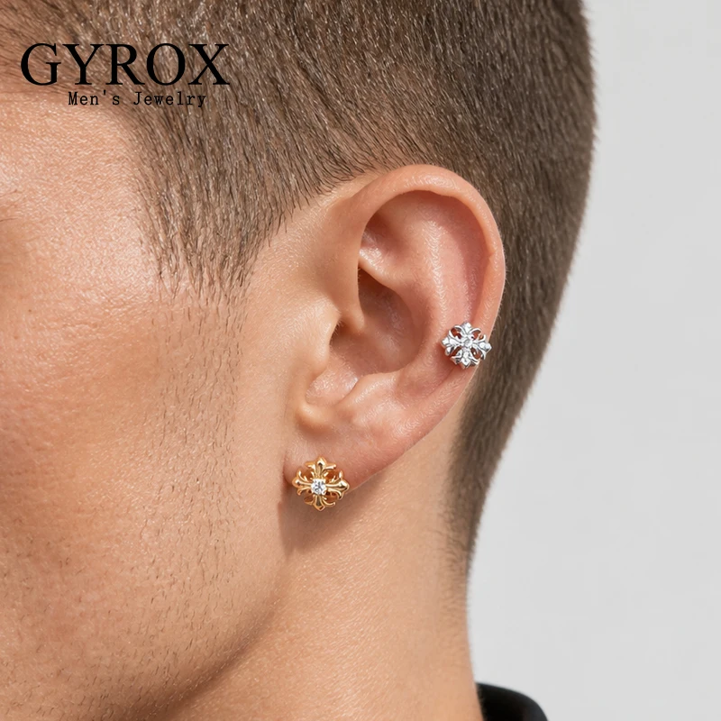 Hip-hop 925 Sterling Silver Vintage 18K Gold Plated Zircon Cross Flower Stud Earrings