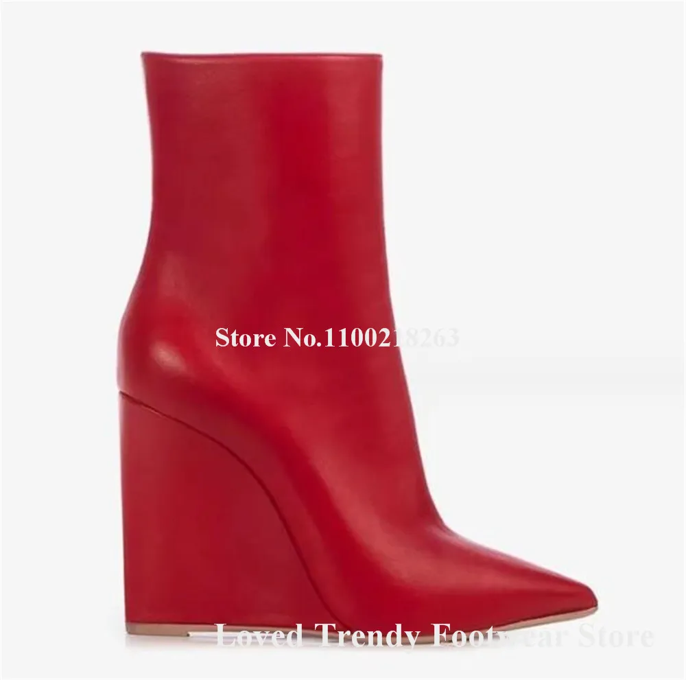 

Western Fashion Matte Leather Wedge Short Boots Sexy Pointed Toe Red Black Beige Zipper-up Ankle Booties Big Szie Wedge Heels