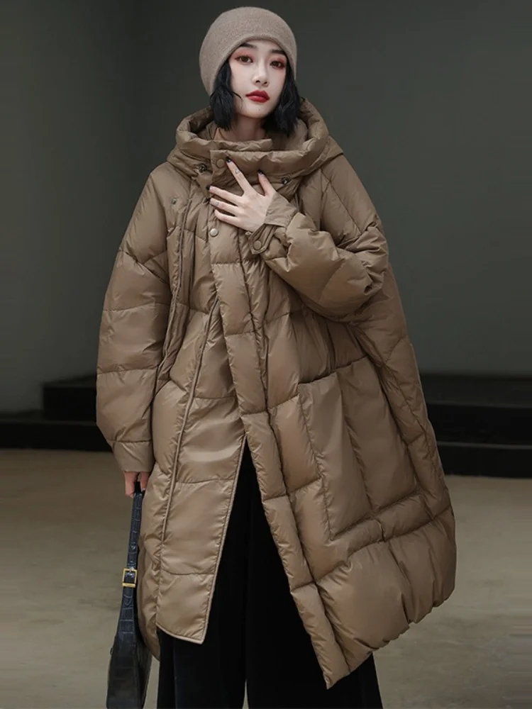 Frauen Unten Jacke Winter Mantel Weibliche Lose Große Tasche Outer Winddicht Verdicken Warme Mit Kapuze Mid-länge Puffer Mäntel