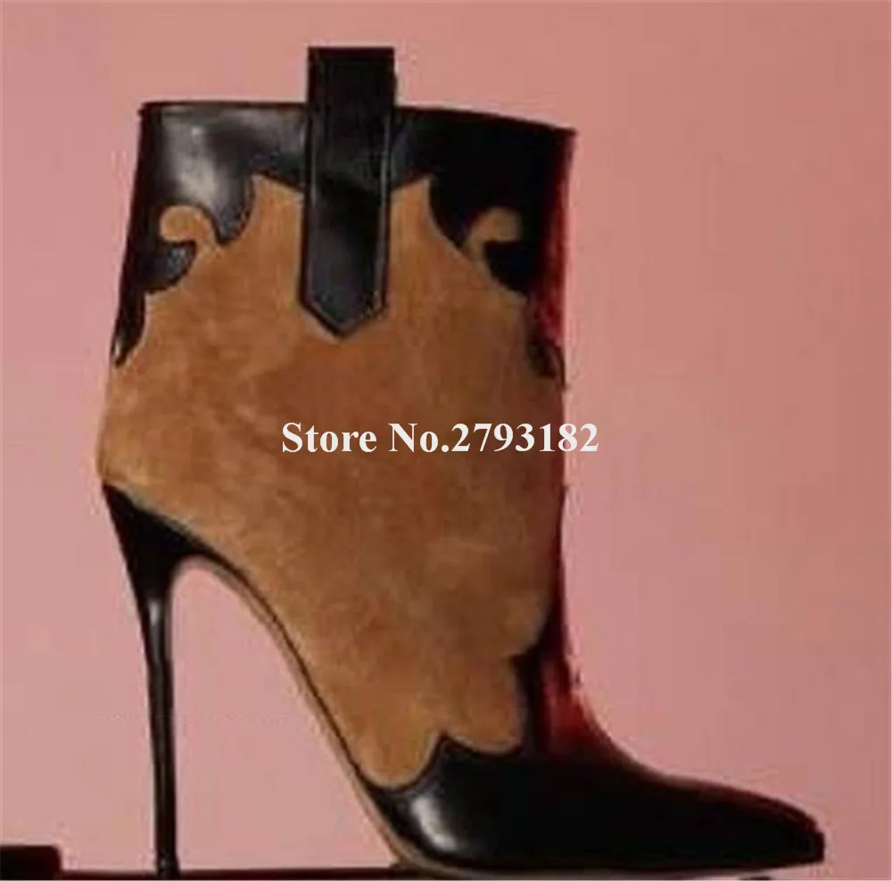 Western Newest Brown Patchwork Thin Heel Short Boots Slip-on Black Matte Leather Stiletto Heel Ankle Booties Big Size