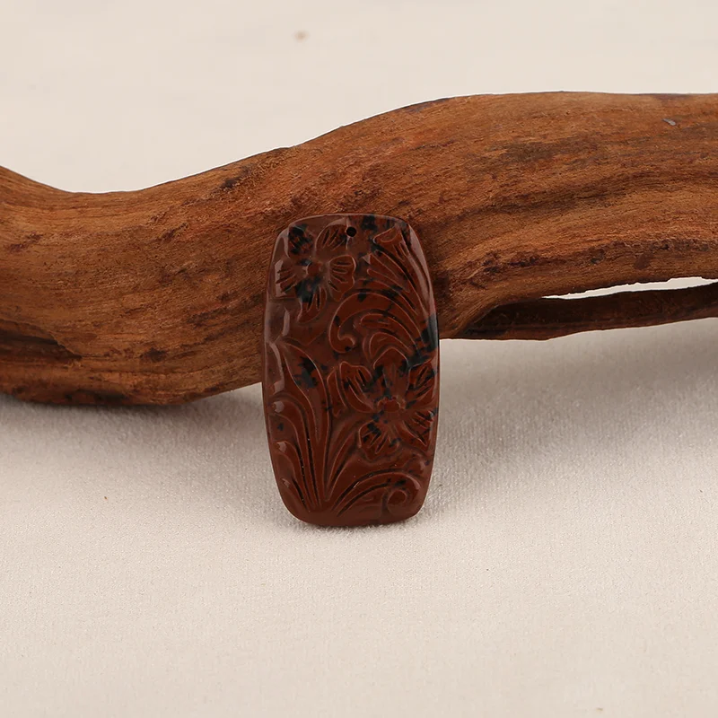 Natural Mahogany Obsidian Hand Carved Flower Rectangle Pendant Beads for Jewelry Making, Handmade Natural stones beads