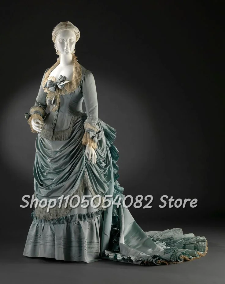 

Customized Renaissance Tudor Style Ball Gown Elizabethan Square Neck Long Sleeve Lace Trimmed Button Bow Trailing Evening Dresse