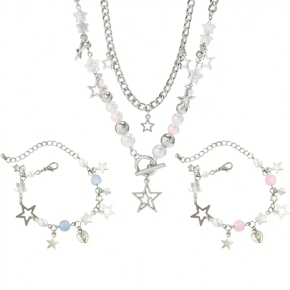 

Набор из 2 предметов: серебряное ожерелье и браслет с подвесками в виде звезд и жемчужными бусинами