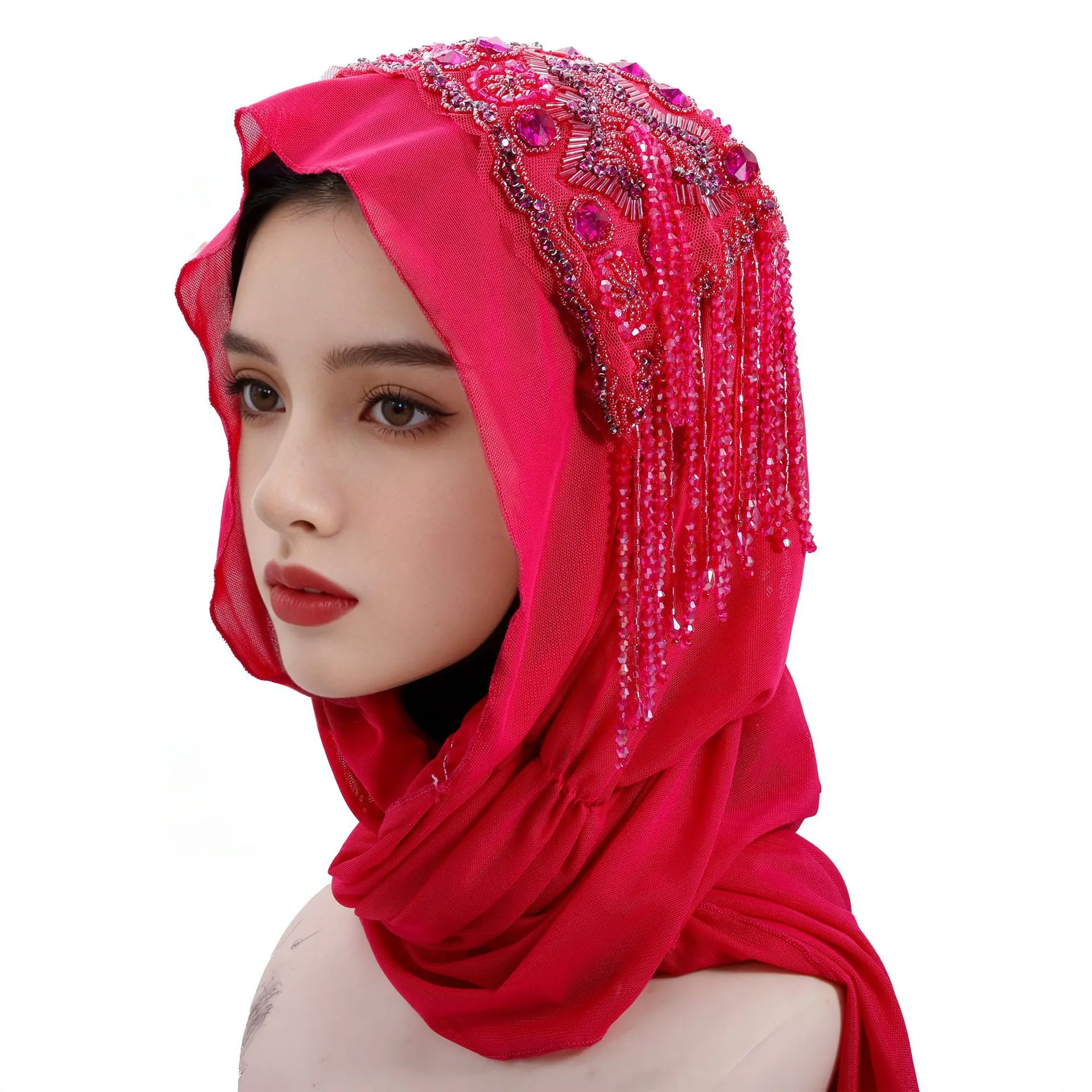 

Новый длинный шарф с кисточками в этническом стиле, женский мусульманский хиджаб, шляпа, тюрбан с бисером, повязка на голову Амира, исламская вуаль, платок, шали, банданы